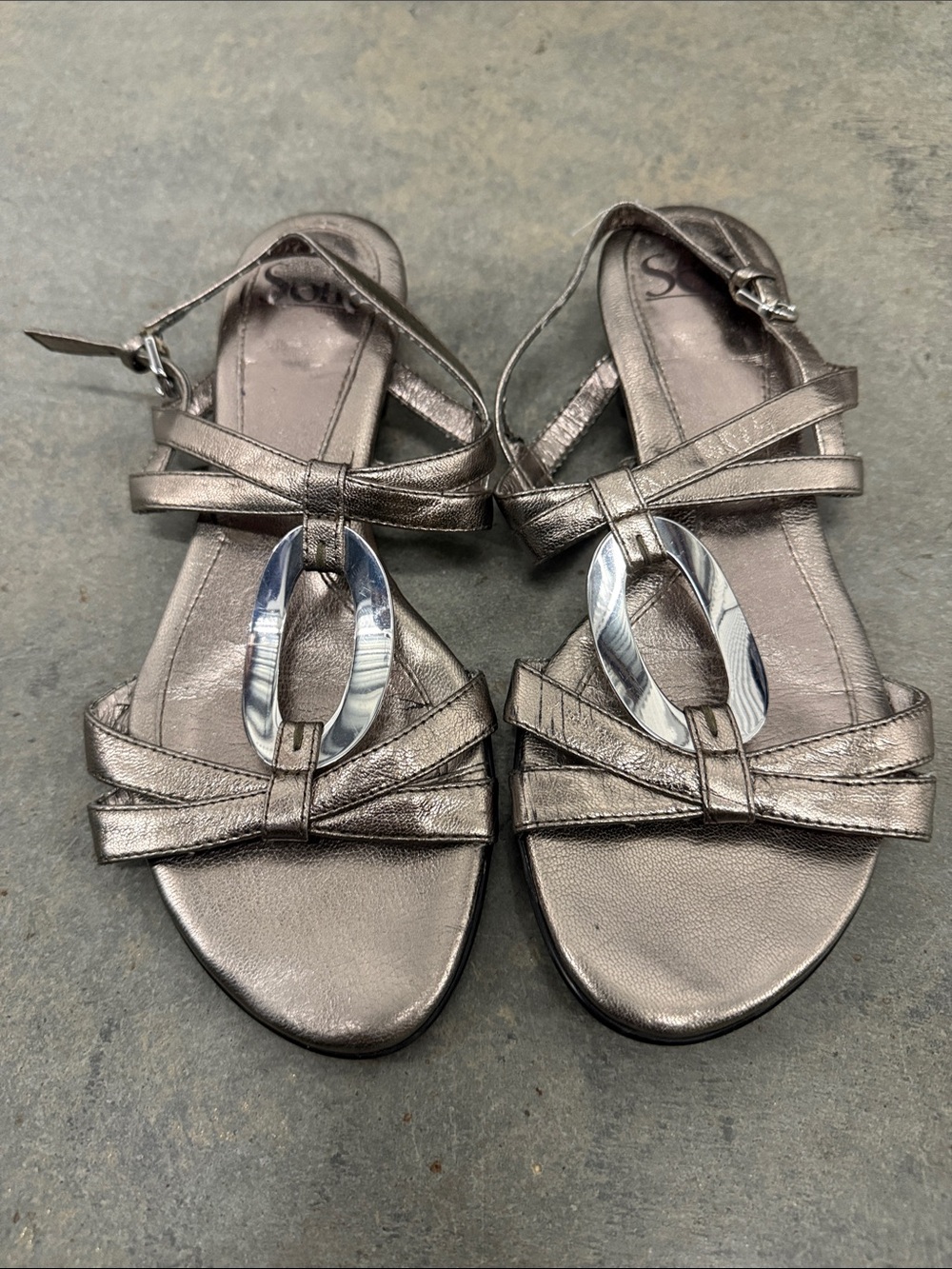Sofft Metallic Silver Strappy Sandals with Oval Accent